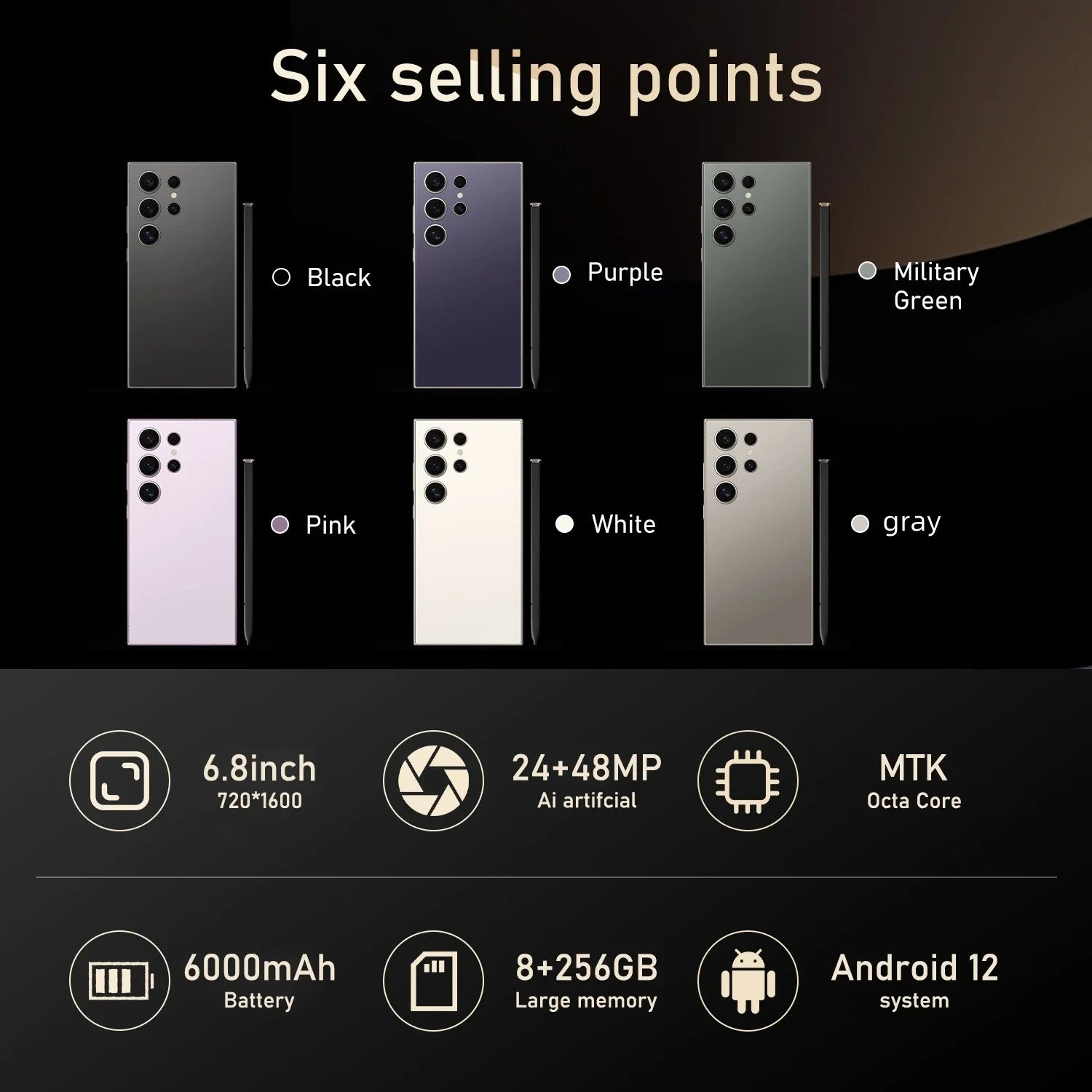 S24 Pro,Smartphone Android,6.8 inch,8GB RAM,256GB ROM,Dual SIM,Mobile phone,Google Play Store,24+48MP,6000mAh,celulares - AMULET RING STORE