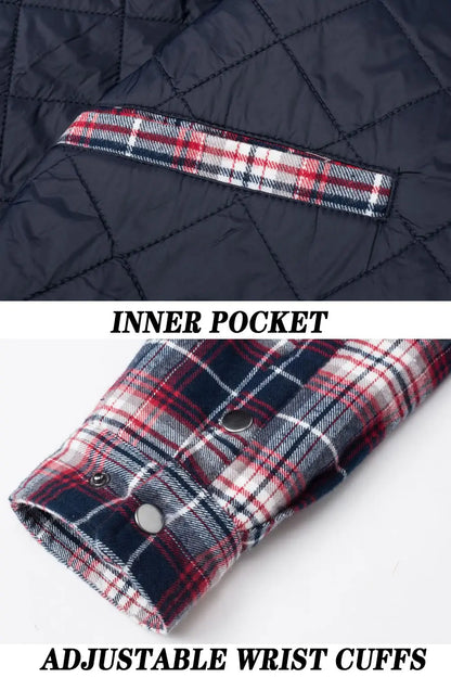 TACVASEN Winter Plaid Cotton Jackets Mens Long Sleeve Quilted Lined Flannel Shirt Jacket Multi-Pockets Outwear Hiking Coats Tops