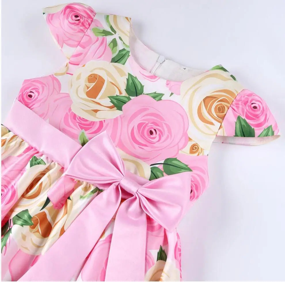 Summer Girls Rose Print Dress Princess Wedding Birthday Party Frocks Satin Children Vestidos Dresses For Girl Christmas Clothing
