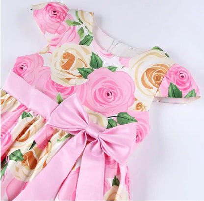 Summer Girls Rose Print Dress Princess Wedding Birthday Party Frocks Satin Children Vestidos Dresses For Girl Christmas Clothing