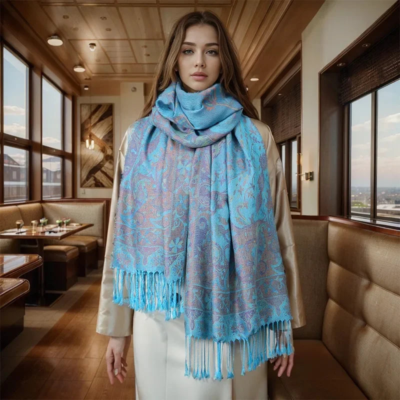 Women National Style Flower Pattern Scarf Jacquard Pashmina Cashmere Tassel Classic Shawl Coldproof Warm Neck Protection
