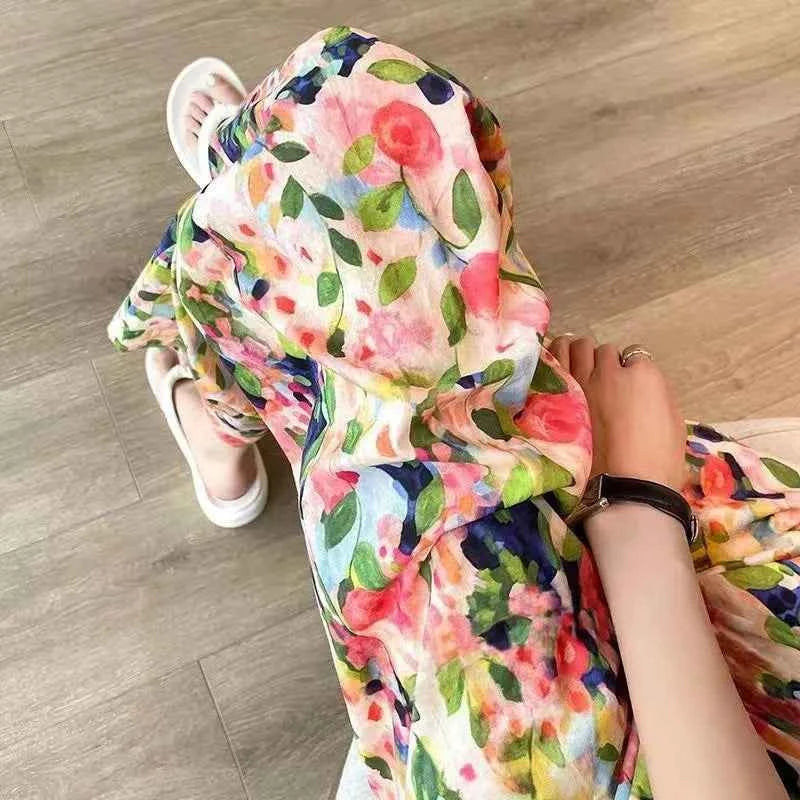 Beach Pants Loose Wide-Leg Pant Female Seaside Leisure INS High Waist Cropped Pant Straight Floral Trousers 2024 Summer New