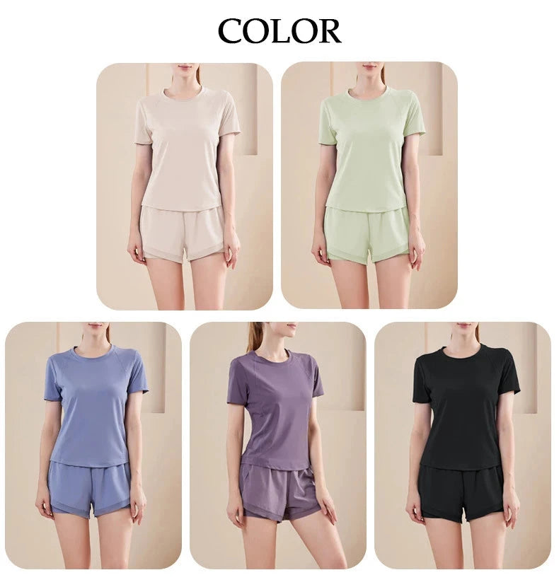 Yoga Set Women Sport T-Shirt Back Mesh Design High Waist Shorts Quick Dry Run Yoga Sports Short Sleeve Shorts Two-piece Yoga Set