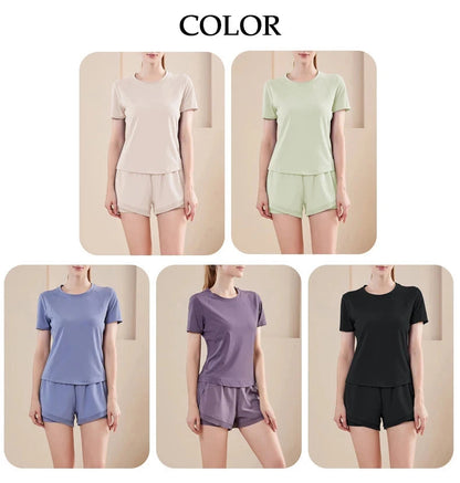Yoga Set Women Sport T-Shirt Back Mesh Design High Waist Shorts Quick Dry Run Yoga Sports Short Sleeve Shorts Two-piece Yoga Set