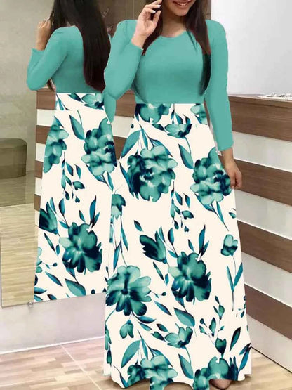 Autumn hot selling European and American flower color matching dresses, long dresses, women's clothing in stock