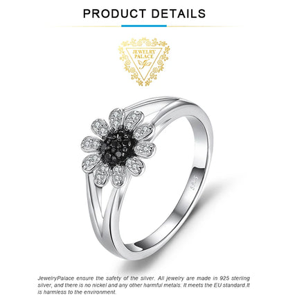 JewelryPalace Flower Natural Black Spinel 925 Sterling Silver Ring for Women Fashion Gemstone Jewelry Anniversary Birthday Gift