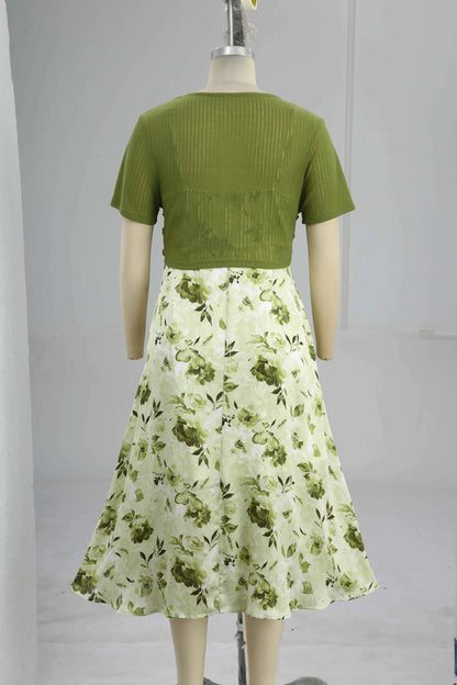 ROSEGAL Plus Size Women Floral Sundress Set Lace Up Ribbed Crop Top And Ruffles Floral Leaf Print Twist Cami Dres New Arrived