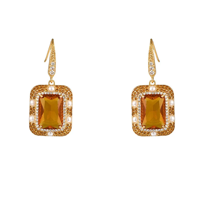 Vintage Crystal & Pearl Earrings, Caramel Cube Drop Earrings, Luxury Geometric Statement Earrings for Women