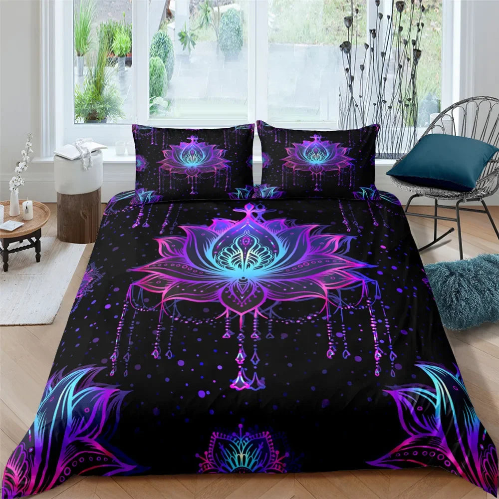 2/3pcs Bed Set Bohemian Lotus Duvet Cover Set Mandala Flower Quilt Cover Adult Black Polyester Bedding Set Queen King Twin Teens - AMULET RING STORE