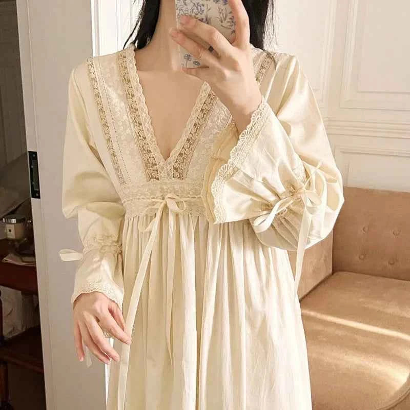 Vintage Embroidery Cotton Long Nightgowns For Lady Lace  Long Sleeve Beige Elegant Nightshirts Comfortable Sexy Night Dress