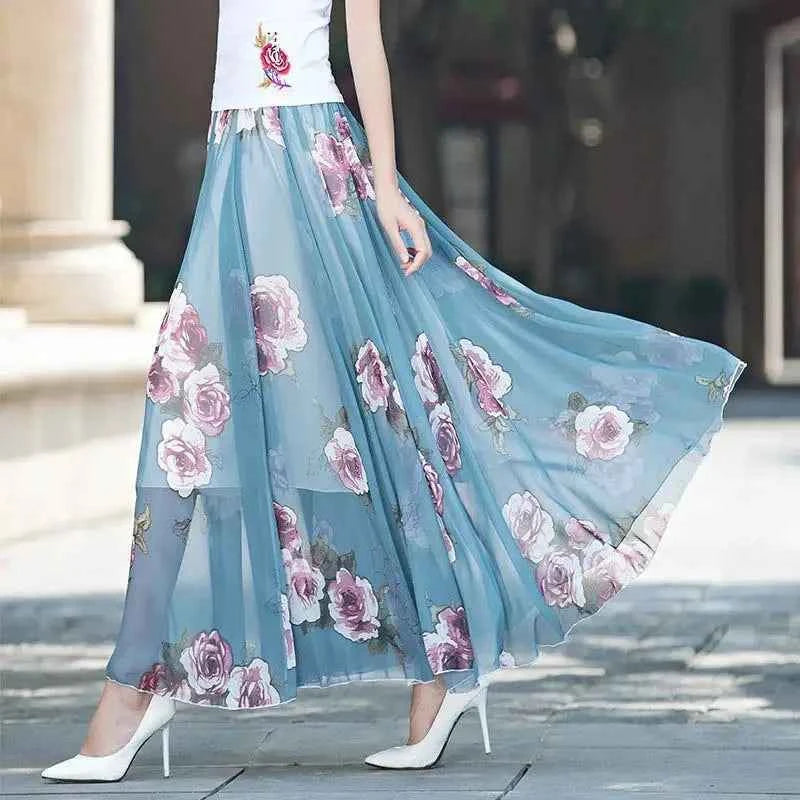 Chiffon Floral Maxi Summer Skirt Women Long High Waist Holiday Dance Skirt Elegant Beach Boho Hot Sale Lady Vintage Girl Fairy