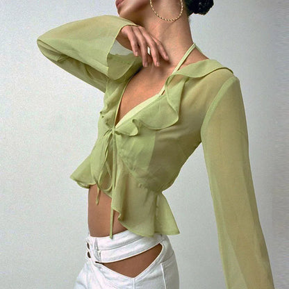 Vintage 90s Streetwear Ruffles Trim Green Chiffon T-shirts Y2K Fashion Sexy Deep V Lace Up Long Sleeve Tops Transparent - AMULET RING STORE