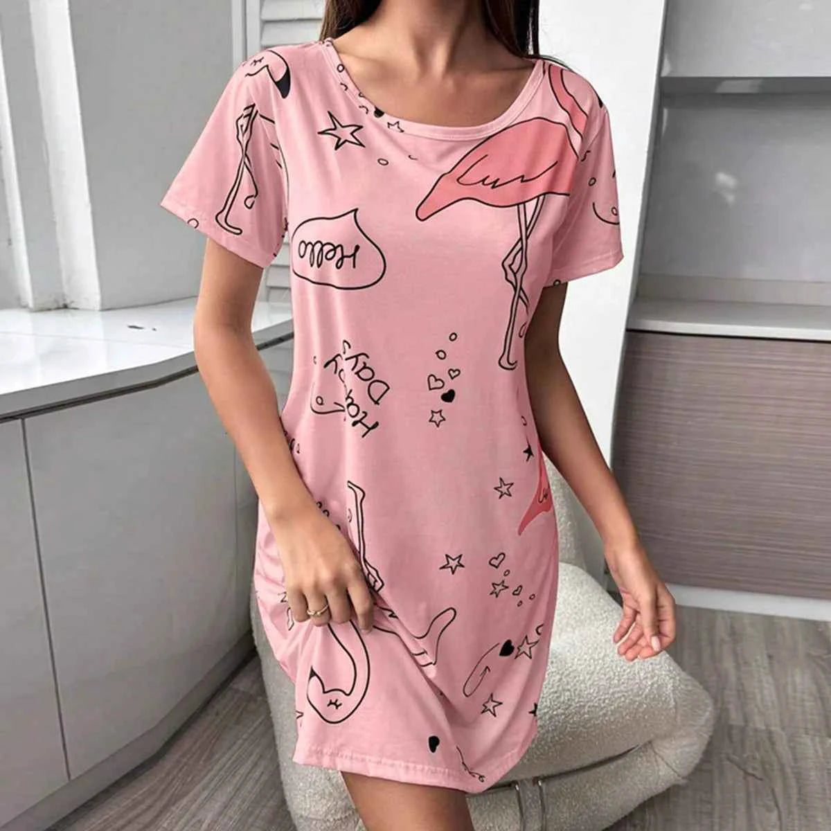 Summer Butterfly Prints Sexy Short Sleep Shirts Women Milk Silk Nightgowns Sleepwear Lingerie S-XL Plus Size Night Dress Women
