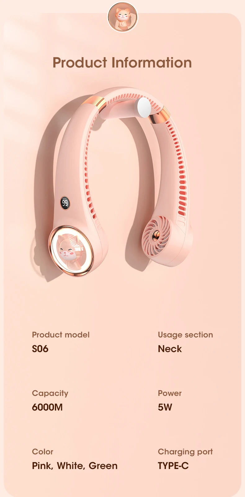 Bladeless Neck Fan 2000mAh USB Rechargeable Digital Display Cute Cat Hanging Mini for Travel Office