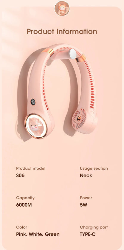 Bladeless Neck Fan 2000mAh USB Rechargeable Digital Display Cute Cat Hanging Mini for Travel Office