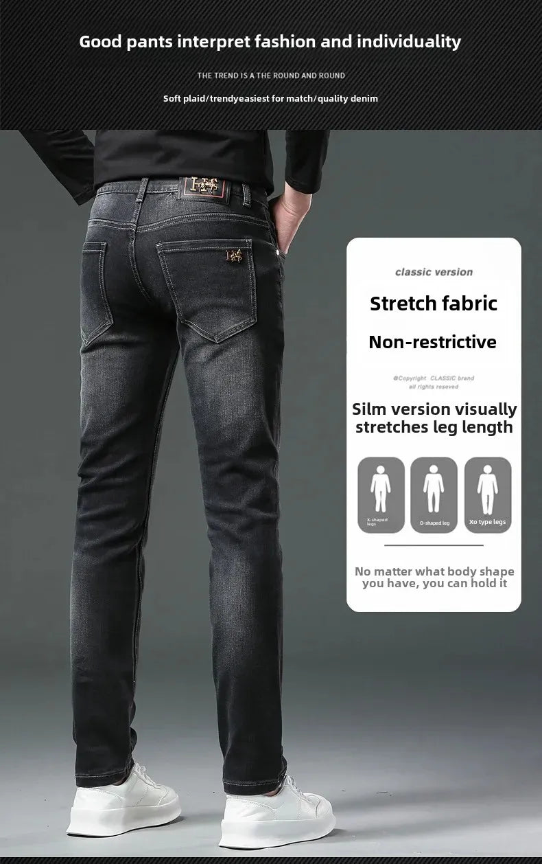 H Home Autumn/Winter Thickened European Style High-End Jeans Men's Trendy Brand Slims Smooths Your Silhouette Small Footed Trend