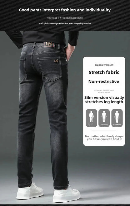 H Home Autumn/Winter Thickened European Style High-End Jeans Men's Trendy Brand Slims Smooths Your Silhouette Small Footed Trend