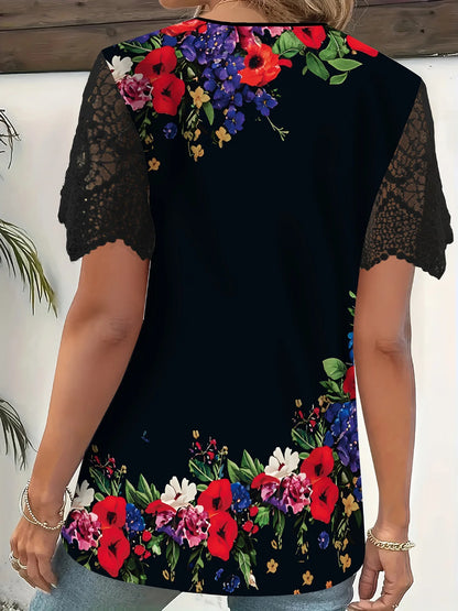 New Boho Flower Blouses Womens Fashion Shirt V-Neck Short Sleeve Flower Print Shirt Tops Casual Loose Ladies Floral Lace