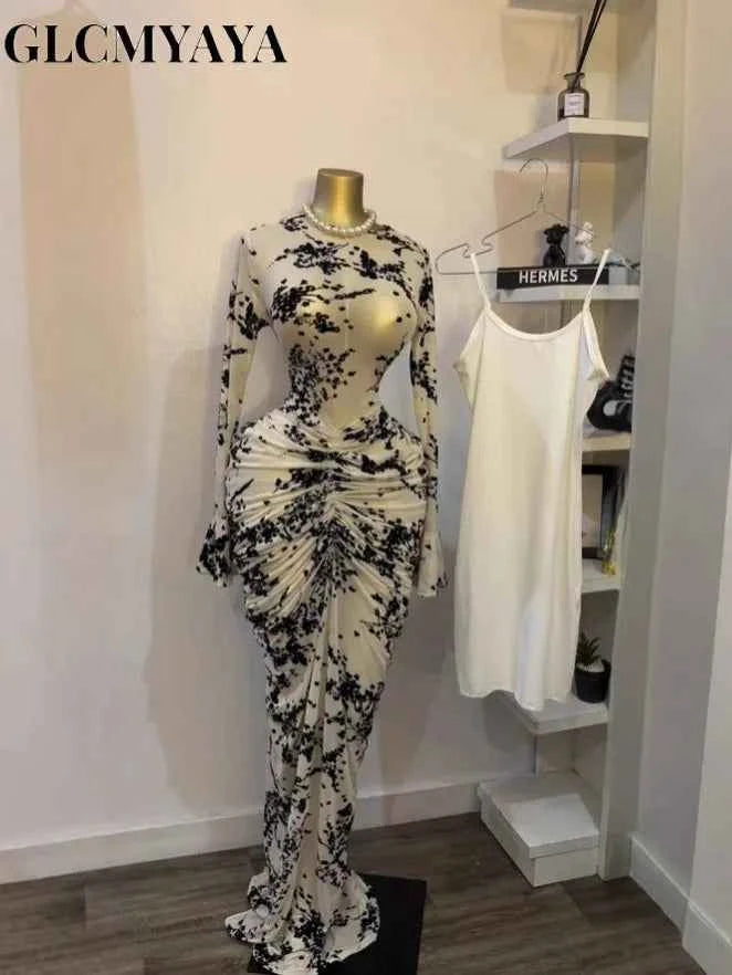 CM.YAYA Women Long Sleeve Stacked Mesh See Though with Lining Bodycon Long Dress 2025 Autumn Evening Birthday Sexy Party Dresses