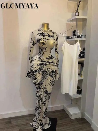 CM.YAYA Women Long Sleeve Stacked Mesh See Though with Lining Bodycon Long Dress 2025 Autumn Evening Birthday Sexy Party Dresses