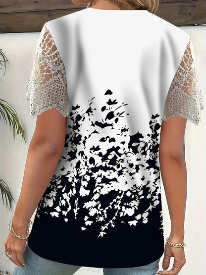 New Boho Flower Blouses Womens Fashion Shirt V-Neck Short Sleeve Flower Print Shirt Tops Casual Loose Ladies Floral Lace