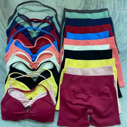 2PCS Yoga Gym Set Women Seamless Strappy Yoga Bra Top High Waist Workout Scrunch Shorts Sports Suit Fitness Clothes Sportswear