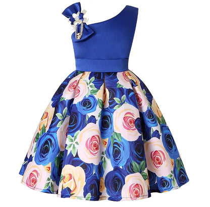 Summer Girls Rose Print Dress Princess Wedding Birthday Party Frocks Satin Children Vestidos Dresses For Girl Christmas Clothing