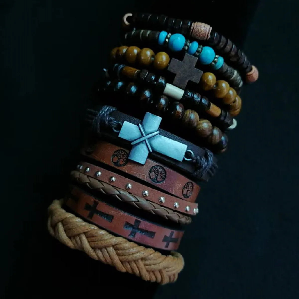 Khaki Tree 10 Pcs/set Black Wrap Woven Fashion Handmade Men Bracelets Male Women Leather Bracelets Men Bangle Wholesale Jewelry