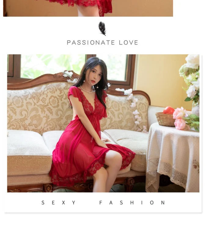 Sexy Sleepwear Women V-neck Nightgown Sexy Nightdress Lace Mesh Pajama Loungewear Summer Dress Nightwear Night Wear