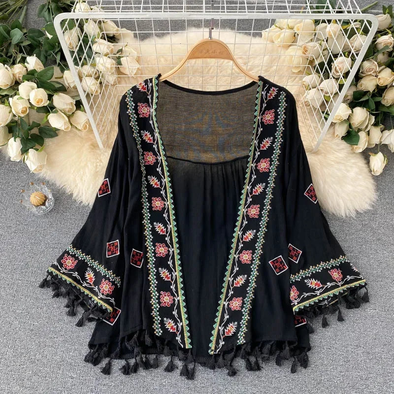 Summer Women's Shirt Bohemian Holiday Style Embroidered Tassel Chiffon Cardigan New Waist Female Slim Short Tops - AMULET RING STORE