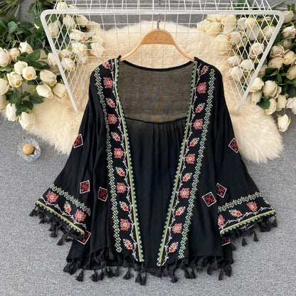 Summer Women's Shirt Bohemian Holiday Style Embroidered Tassel Chiffon Cardigan New Waist Female Slim Short Tops - AMULET RING STORE