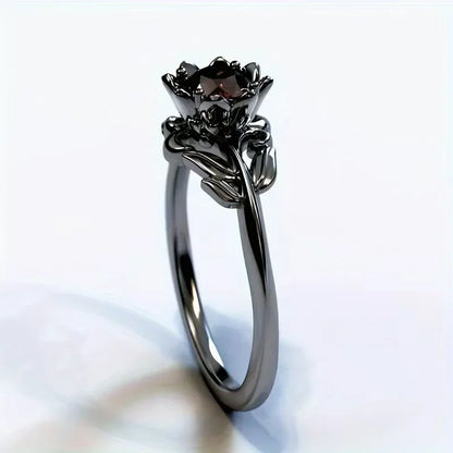 Black Color Flower Red Stone Rings for Women Charm Jewelry Accessories Rose Ring Party Gift