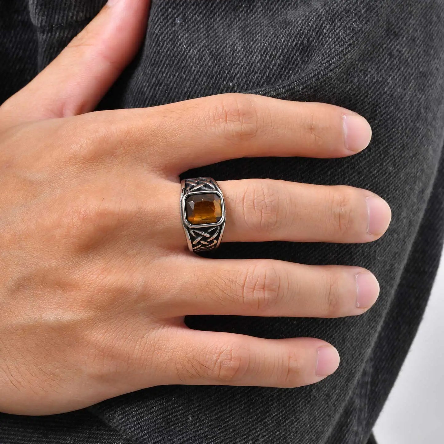 Punk Viking Knot Rings for Men,Vintage Square Natural Stone Signet Ring,Retro Ethnic Rock Jewelry Gift