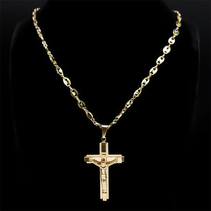 Jesus Cross Crucifix Pendant Necklace for Men Stainless Steel Gold Color Christian Coffee Bean Chain Jewelry croix chrétienne - AMULET RING STORE