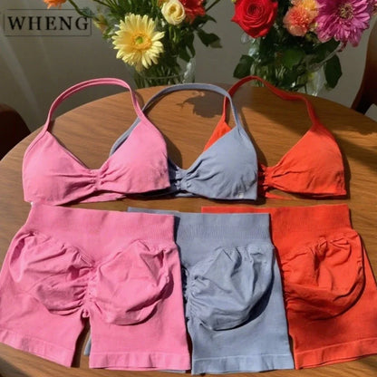 WHENG 2PCS Yoga Fitness Suit Women's Seamless Lace-Up Yoga Bra Top High Waist Workout Scratch Shorts Sports Suit Fitness Suit