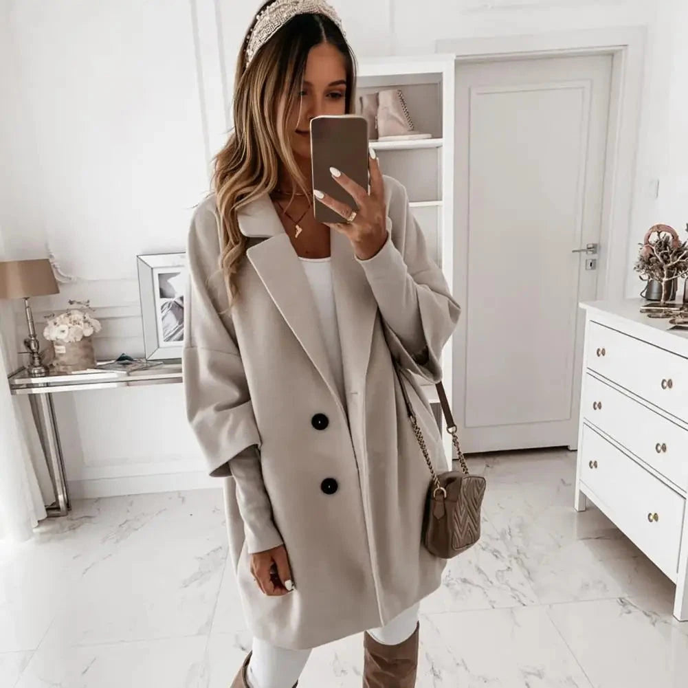 Fall Winter Women's Jacket 3/4 Long Sleeve Button Lapel Pocket Woolen Warm Jacket Coat Solid Color Thermal Fitted Cardigan Coat - AMULET RING STORE