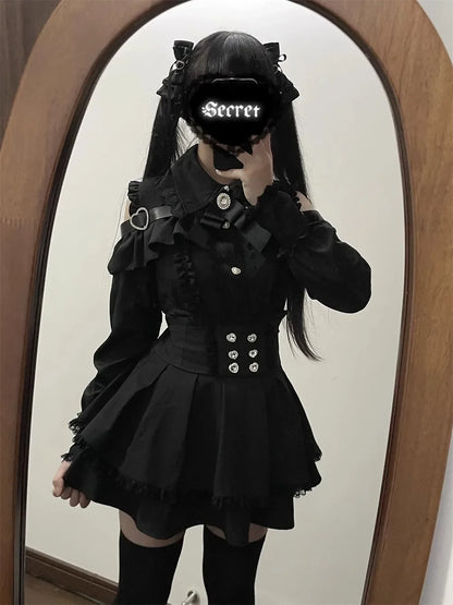 Sweet Gothic Lolita Two Piece Set, Off Shoulder Blouse + High Waist Skirt, Kawaii Tri-color Lace Coord Outfit for Women & Teens