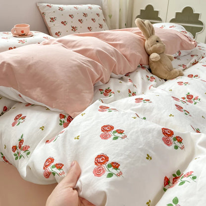 Korean Retro Floral Bedding Set 100% Washed Cotton Bed Sheets Set Soft Duvet Cover Bed Linen Pillowcase Single Double Queen King - AMULET RING STORE