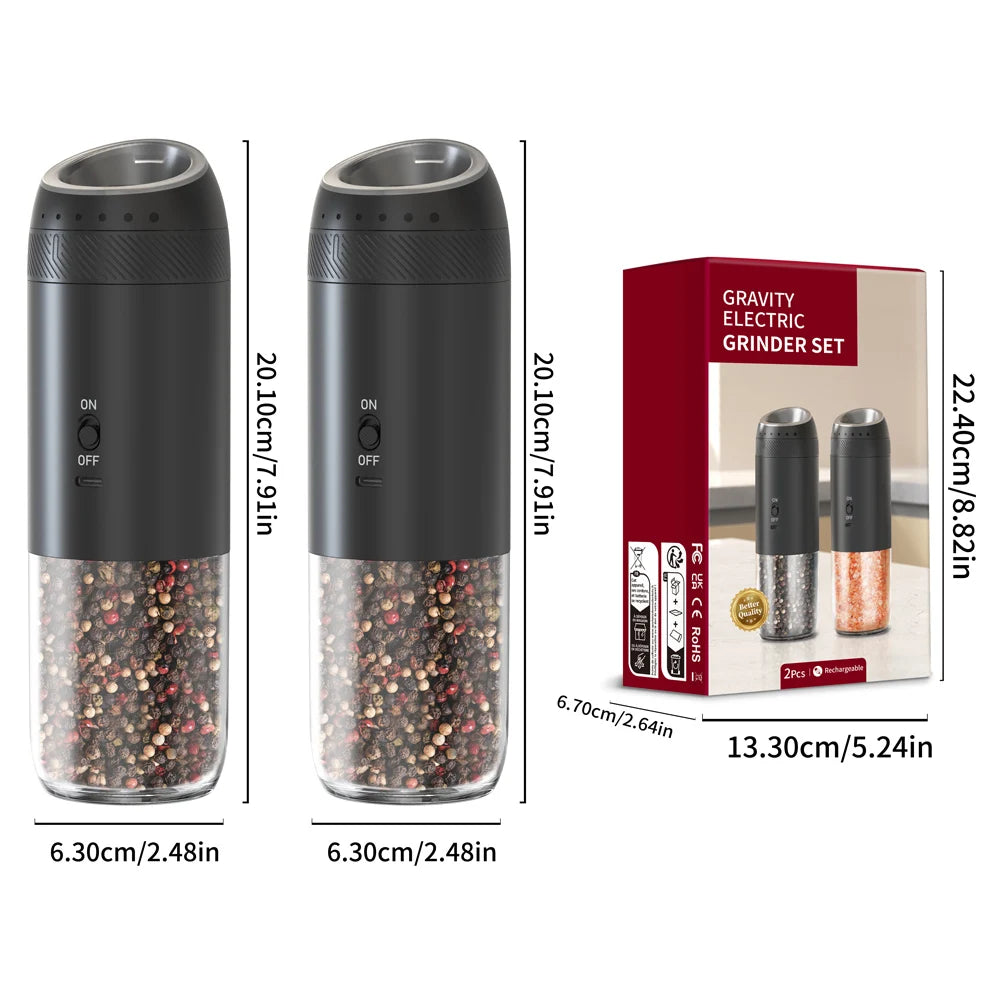 1/2PCS Electric Salt And Pepper Grinder with LED Light Gravity Sensing Adjustable Spice Mills Cordless Automatic Kitchen Gadget - AMULET RING STORE