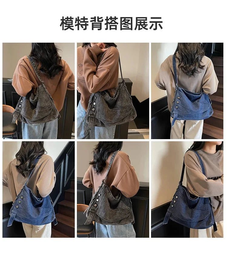2025 New Women's Denim Tote Bag - Retro Crossbody Shoulder Bag with Large Capacity for Work & Commute, Fashionable Denim Handbag