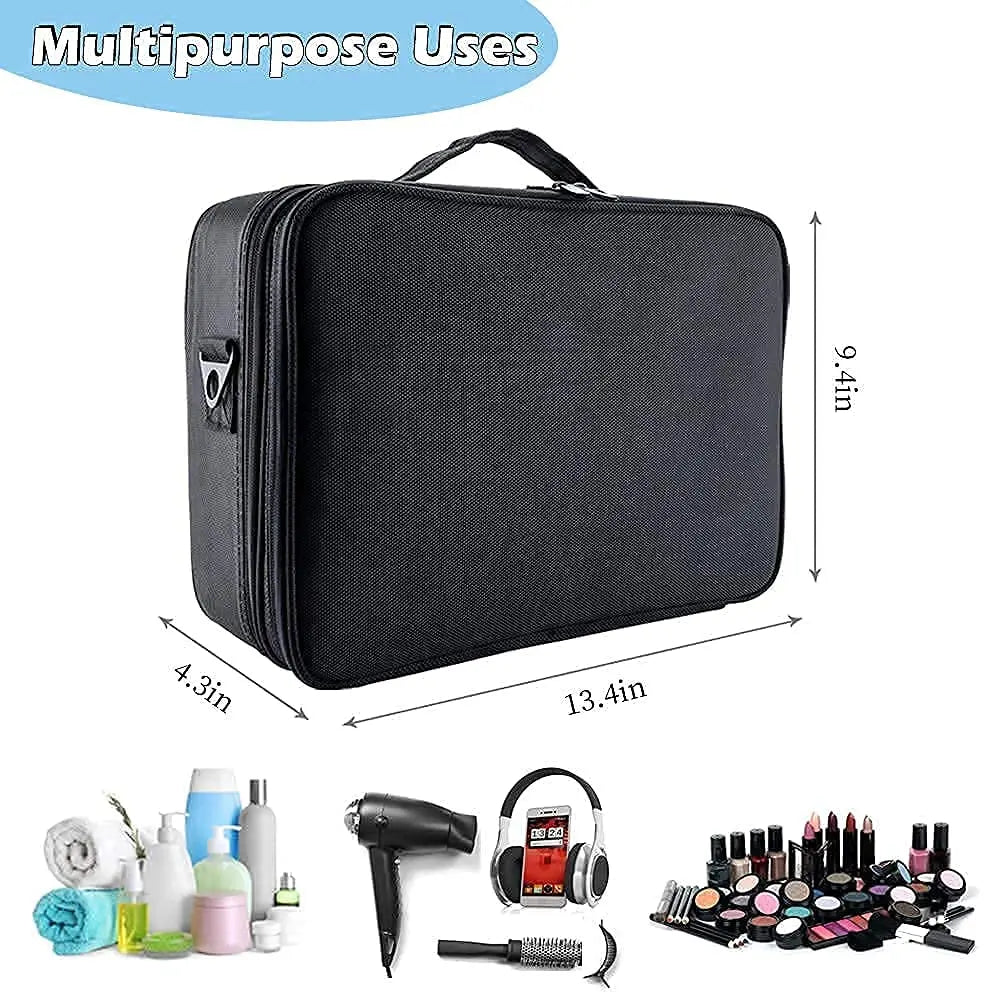 Large capacity travel makeup case, portable artist organizer with adjustable dividers and shoulder strap for toiletries jewelry - AMULET RING STORE