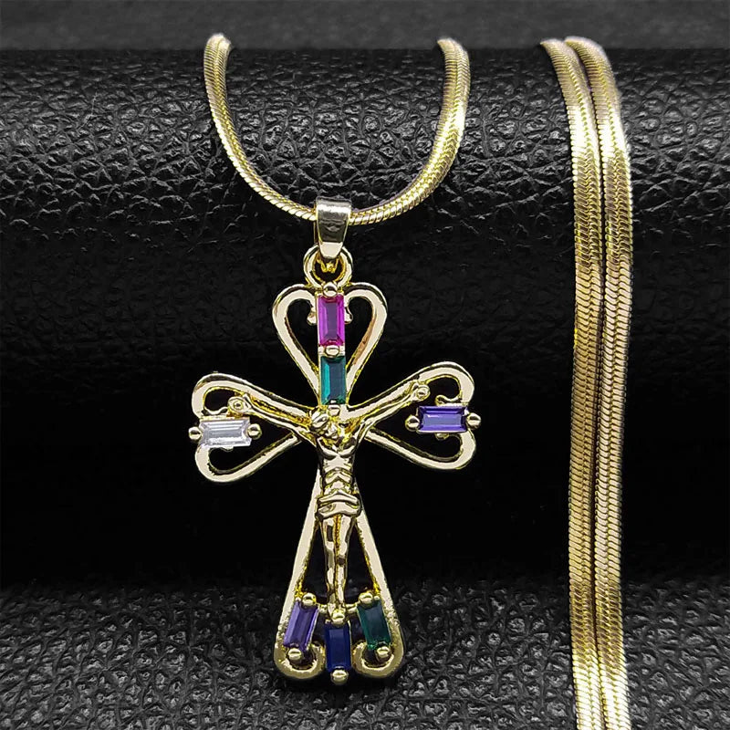 Shiny Hip Hop Zircon Cross Pendant Necklace for Women Stainless Steel Crystal Choker Christian Necklaces Jewelry cruz colgante