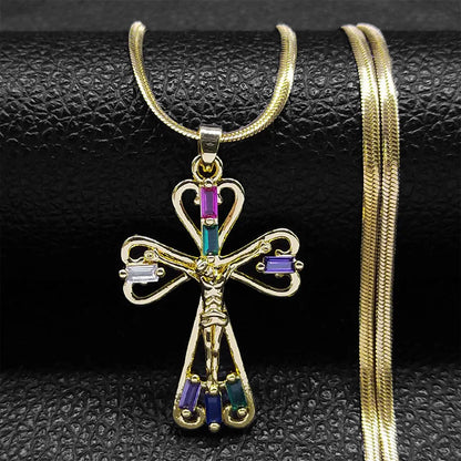 Shiny Hip Hop Zircon Cross Pendant Necklace for Women Stainless Steel Crystal Choker Christian Necklaces Jewelry cruz colgante