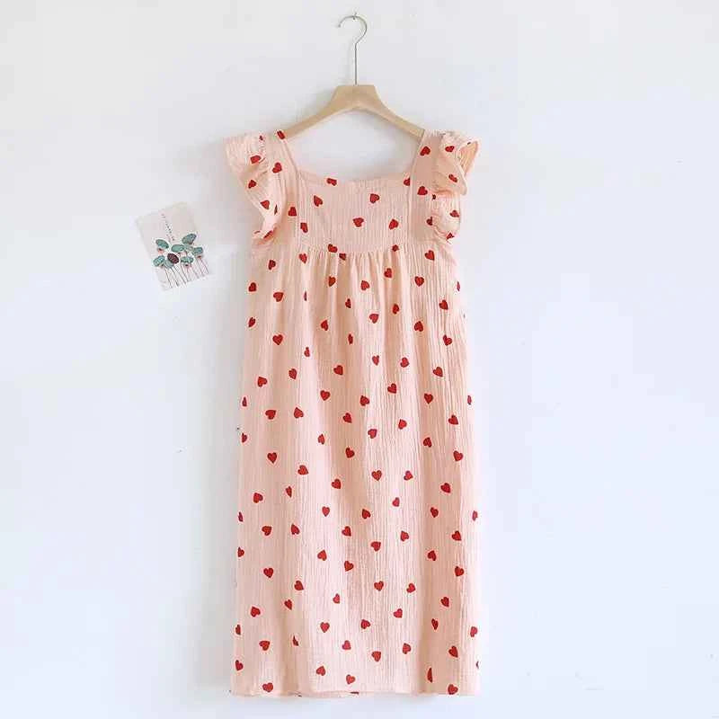 2025 Summer Women's New Sleeping Skirt 100% Cotton Crepe Wood Ear Edge Tank Top Skirt Love Belt Chest Cushion Home Dress Ladies