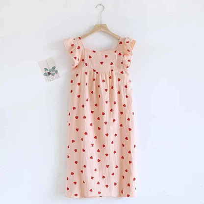 2025 Summer Women's New Sleeping Skirt 100% Cotton Crepe Wood Ear Edge Tank Top Skirt Love Belt Chest Cushion Home Dress Ladies