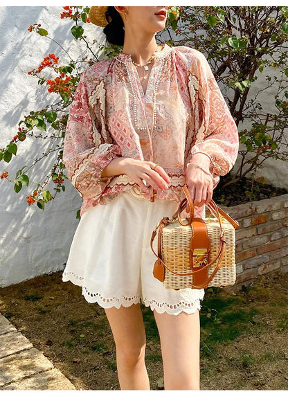 Boho Flrench Chic Floral Blouse Shirt Printed Summer Loose Lace Hollow Out Sexy Ladies Vocation Women Long Sleeve Top Shirts New