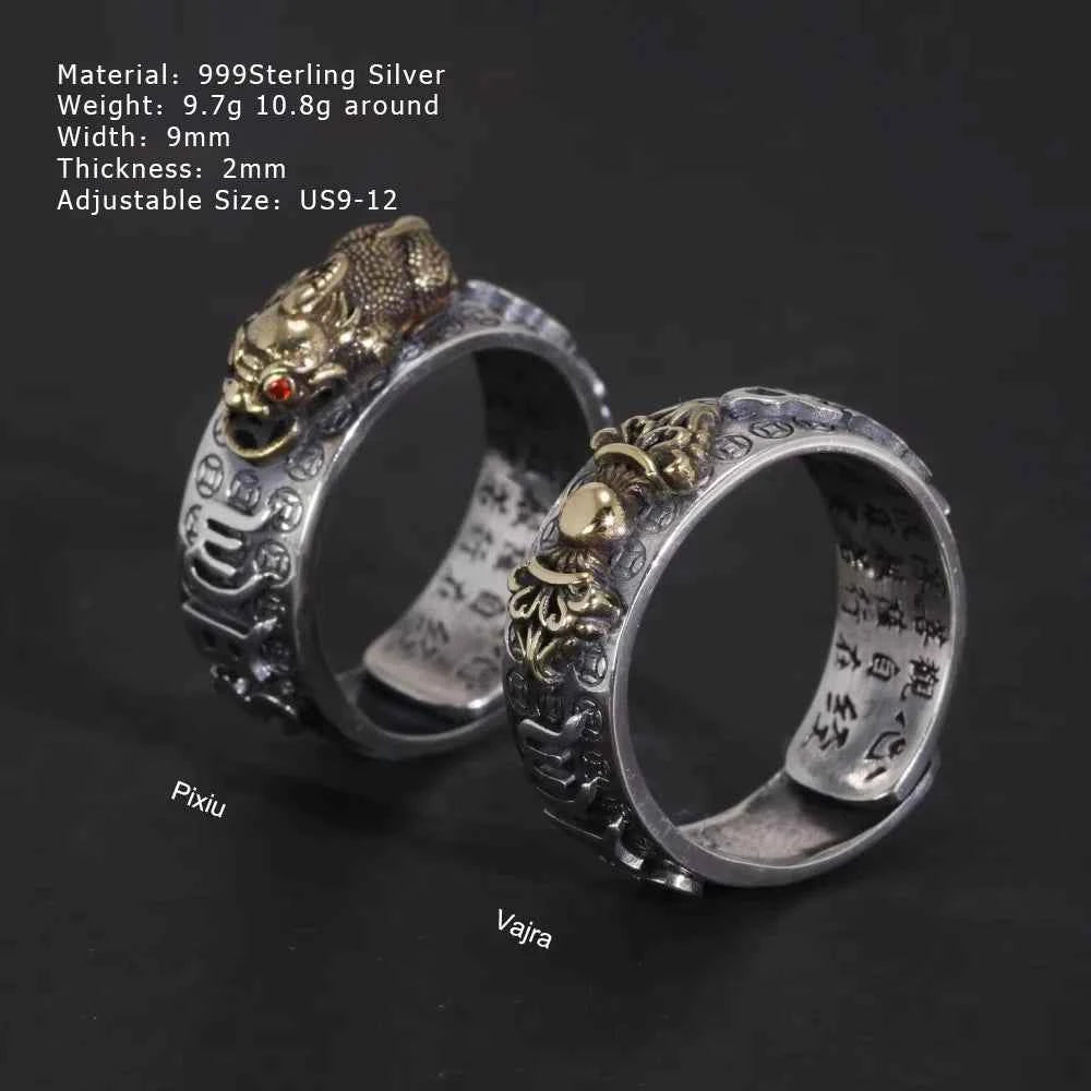 Vintage Pure Silver 999 Six Words Heart Sutra Ring Men's Adjustable Golden Pixiu Vajra Buddhist Religious Fine Jewelry