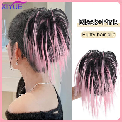 XIYUE Synthetic Messy Hair Bun Tousled Hairpiece Elastic Band Chignon Curly Scrunchie Updo Cover Hair Tail for Women Pink - AMULET RING STORE