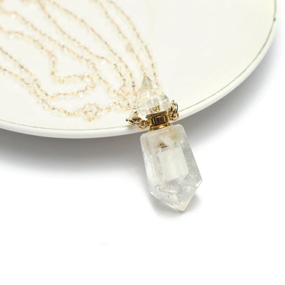 Natural Stone Rose Clear Quartz Perfume Bottle Pendant Pearl Gravel Chain Essential Oil Diffuser Charms Women Jewerly Necklace - AMULET RING STORE