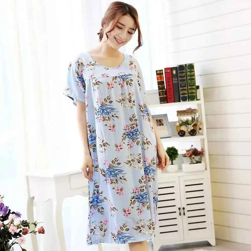 Women summer cotton nightgowns short-sleeved Korean loose big yards 4XL fit 100 kg nightshirt female floral print night dress